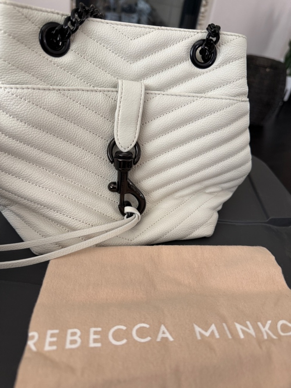 Rebecca Minkoff White Quilted Chevron Leather Tote with Dark Gunmetal Hardware